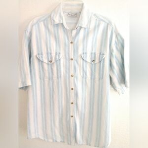 Vintage 80s 90s B Bronson Women's Camp Shirt Blue White Stripe Short Sleeve LRG